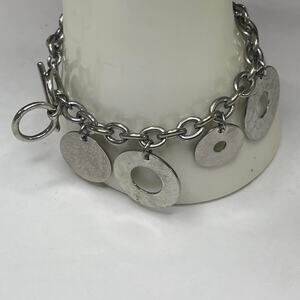 Cookie Lee signed bracelet chunky chain link disk dangle charms gray boho